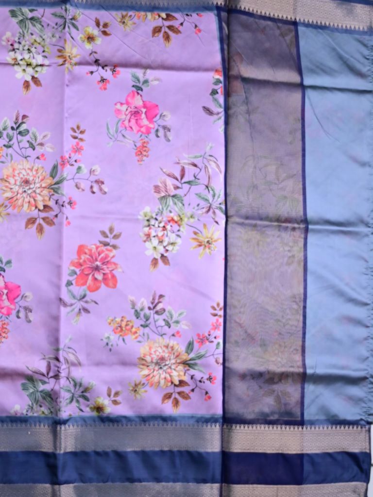 Banaras fancy saree lavender color allover digital prints & zari border with contrast pallu and attached printed blouse