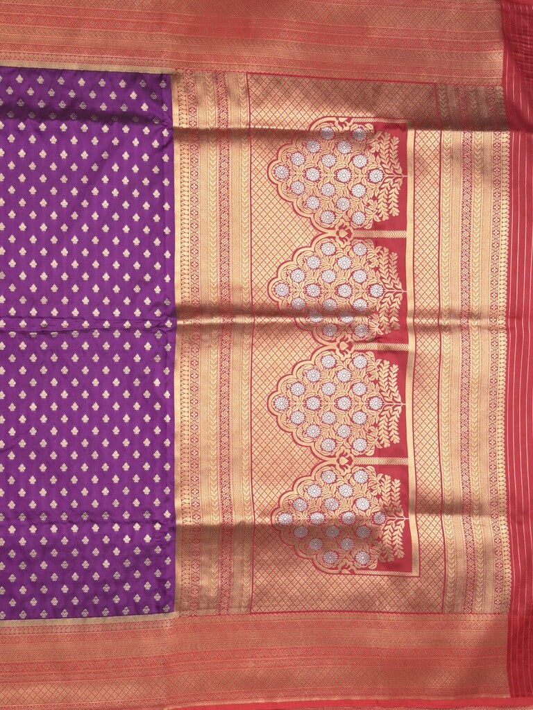 Banaras fancy saree purple color allover zari motifs & zari border with rich pallu and contrast plain blouse