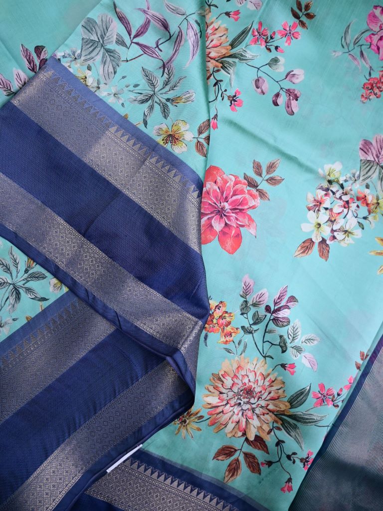 Banaras fancy saree sky blue color allover digital prints & zari border with contrast pallu and attached printed blouse