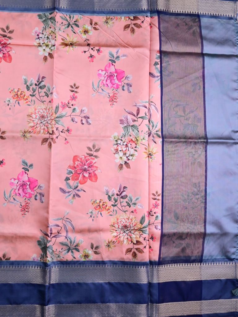 Banaras fancy saree baby pink color allover digital prints & zari border with contrast pallu and attached printed blouse