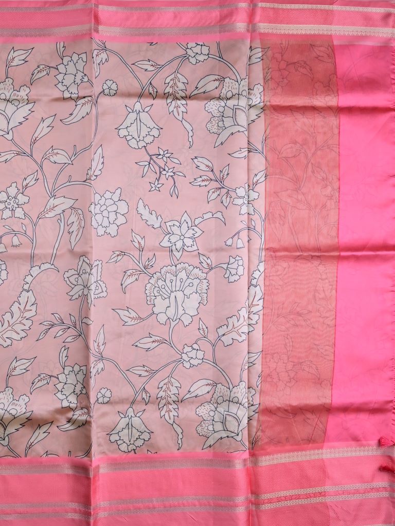 Banaras fancy saree peach color allover digital prints & zari border with contrast pallu and attached printed blouse