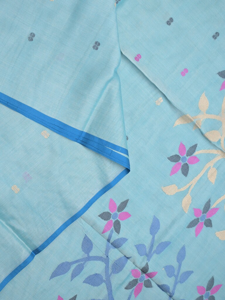 Khadhi cotton saree sky blue color allover butis & small kaddi border with weaving pallu and plain blouse