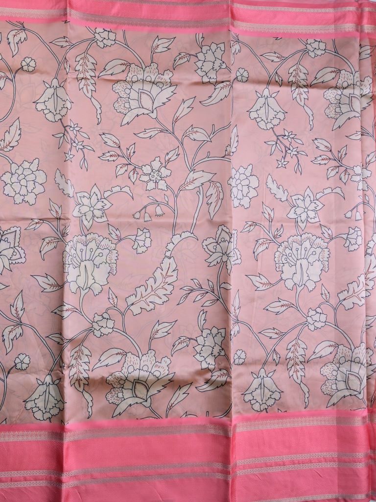 Banaras fancy saree peach color allover digital prints & zari border with contrast pallu and attached printed blouse