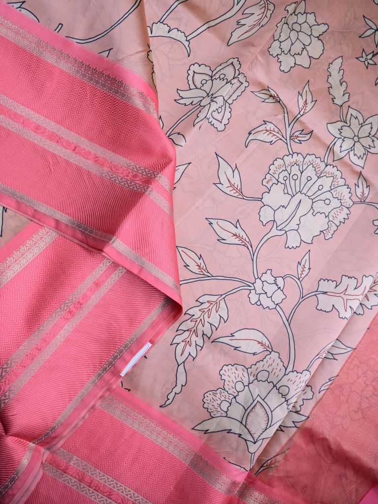 Banaras fancy saree peach color allover digital prints & zari border with contrast pallu and attached printed blouse