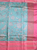 Banaras fancy saree sky blue color allover digital prints & zari border with contrast pallu and attached printed blouse