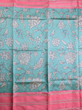 Banaras fancy saree sky blue color allover digital prints & zari border with contrast pallu and attached printed blouse