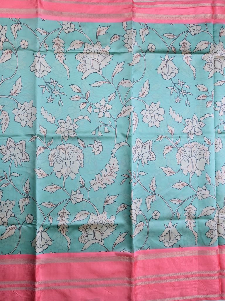 Banaras fancy saree sky blue color allover digital prints & zari border with contrast pallu and attached printed blouse