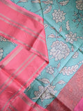 Banaras fancy saree sky blue color allover digital prints & zari border with contrast pallu and attached printed blouse