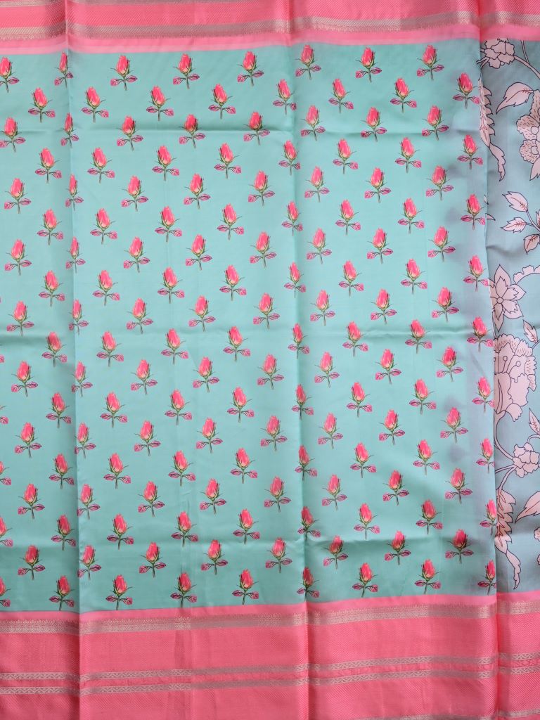 Banaras fancy saree sky blue color allover digital prints & zari border with contrast pallu and attached printed blouse