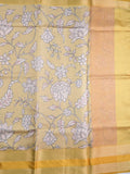 Banaras fancy saree light yellow color allover digital prints & zari border with contrast pallu and attached printed blouse