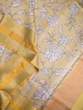 Banaras fancy saree light yellow color allover digital prints & zari border with contrast pallu and attached printed blouse