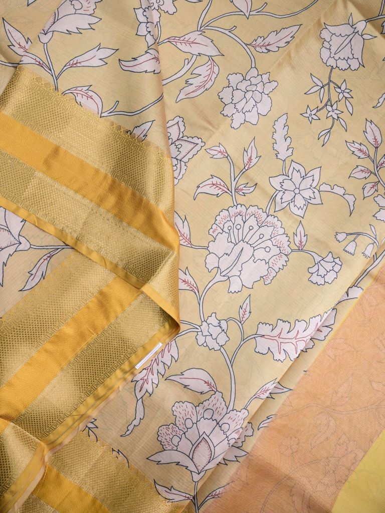 Banaras fancy saree light yellow color allover digital prints & zari border with contrast pallu and attached printed blouse