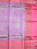 Banaras fancy saree lavender color allover digital prints & zari border with contrast pallu and attached printed blouse