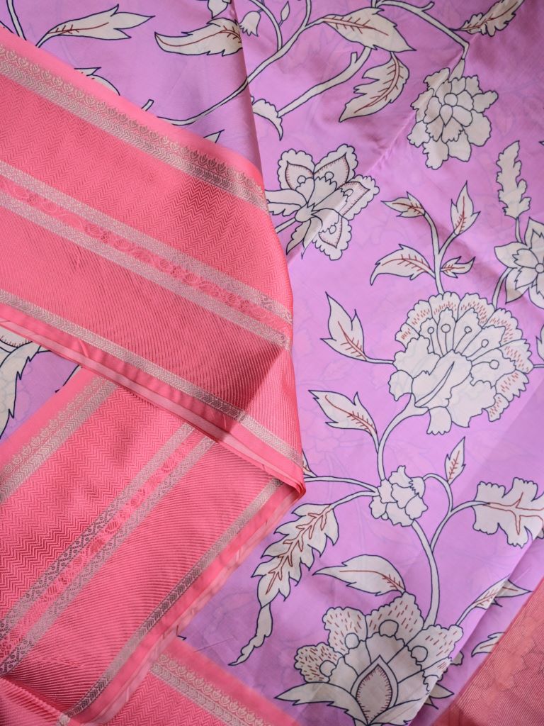 Banaras fancy saree lavender color allover digital prints & zari border with contrast pallu and attached printed blouse