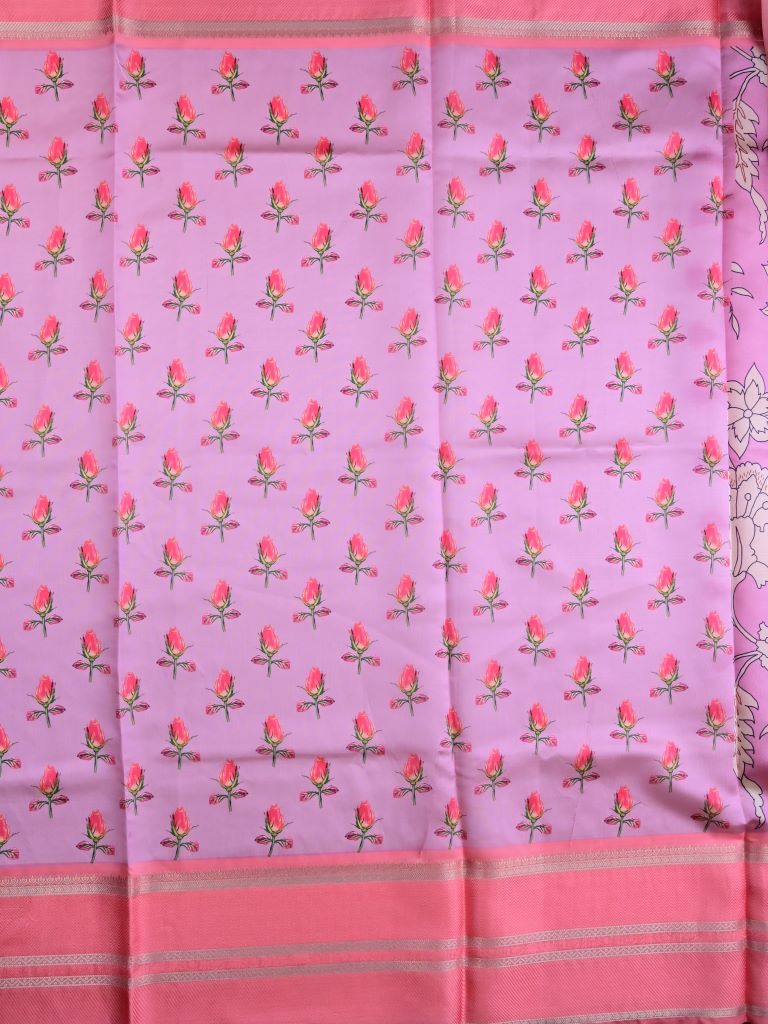 Banaras fancy saree lavender color allover digital prints & zari border with contrast pallu and attached printed blouse