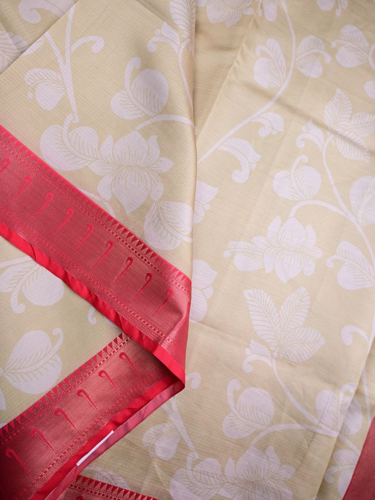 Banaras fancy saree beige color allover digital prints & zari border with contrast pallu and attached printed blouse