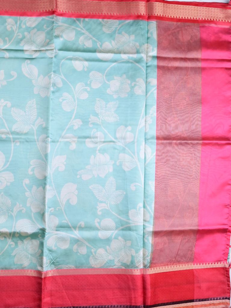 Banaras fancy saree sky blue color allover digital prints & zari border with contrast pallu and attached printed blouse