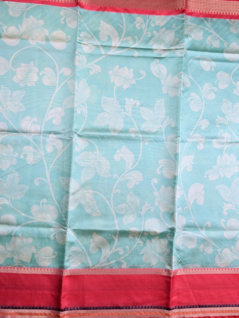 Banaras fancy saree sky blue color allover digital prints & zari border with contrast pallu and attached printed blouse