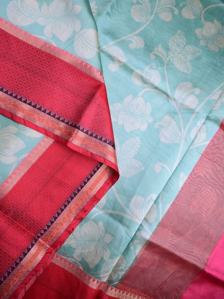 Banaras fancy saree sky blue color allover digital prints & zari border with contrast pallu and attached printed blouse