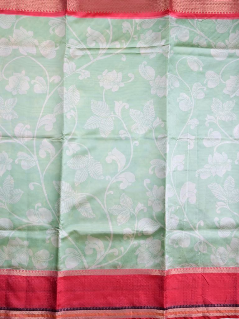 Banaras fancy saree light pista green color allover digital prints & zari border with contrast pallu and attached printed blouse