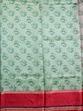 Banaras fancy saree light pista green color allover digital prints & zari border with contrast pallu and attached printed blouse