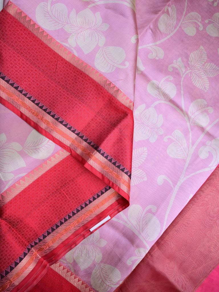 Banaras fancy saree lavender color allover digital prints & zari border with contrast pallu and attached printed blouse