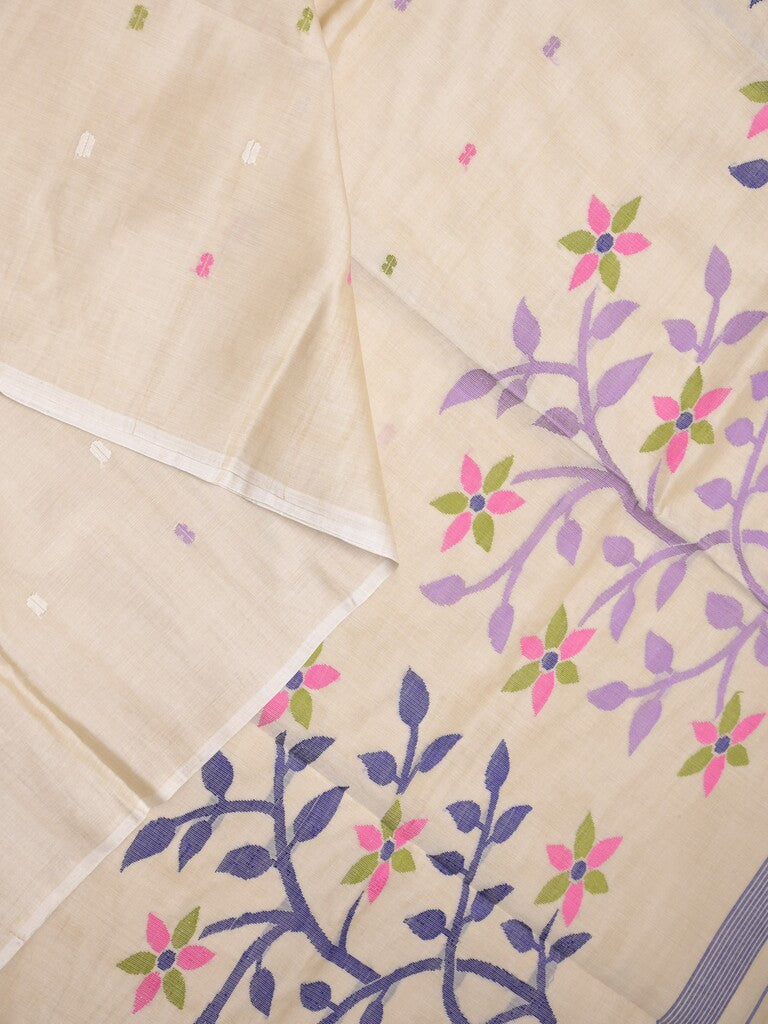 Khadhi cotton saree cream color allover butis & small kaddi border with weaving pallu and plain blouse