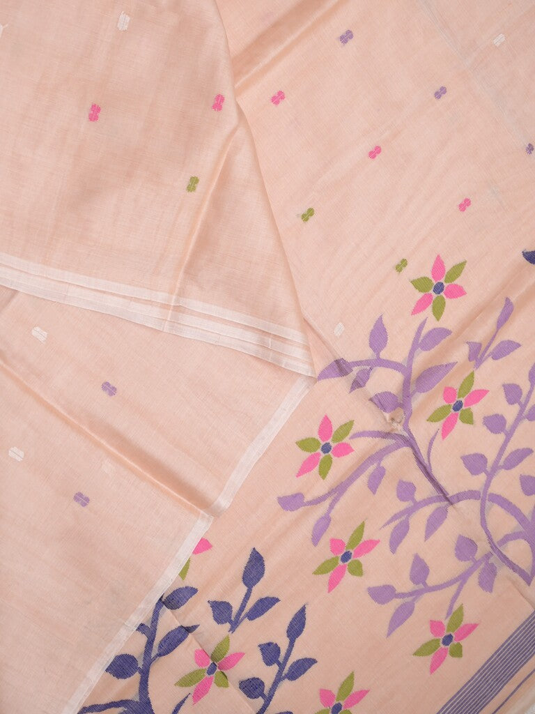 Khadhi cotton saree light peach color allover butis & small kaddi border with weaving pallu and plain blouse