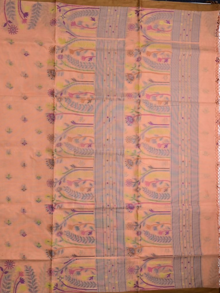 Bengali cotton saree peach color allover weaves & small kaddi border with weaving pallu