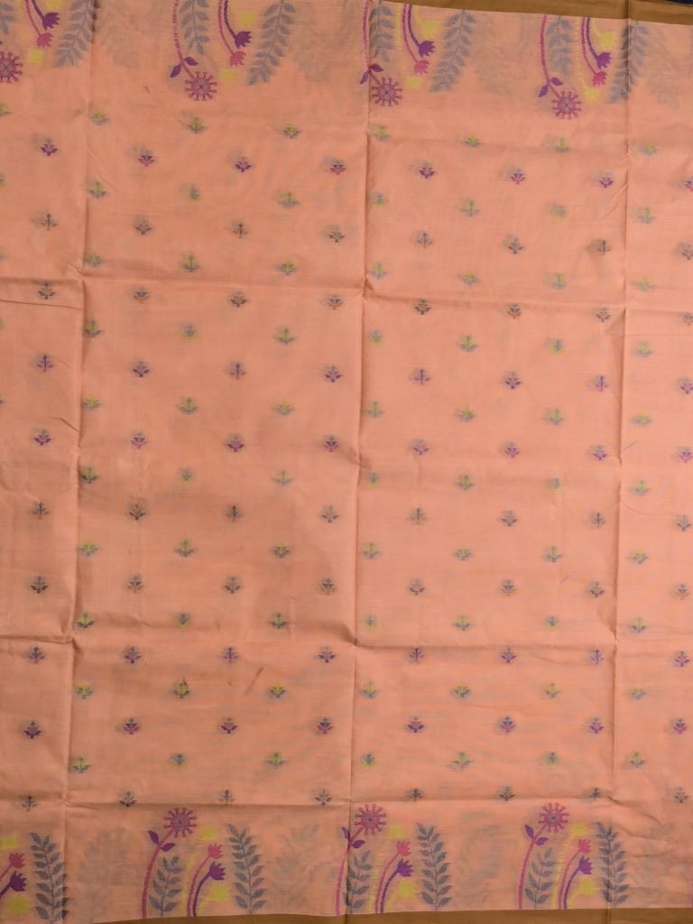 Bengali cotton saree peach color allover weaves & small kaddi border with weaving pallu