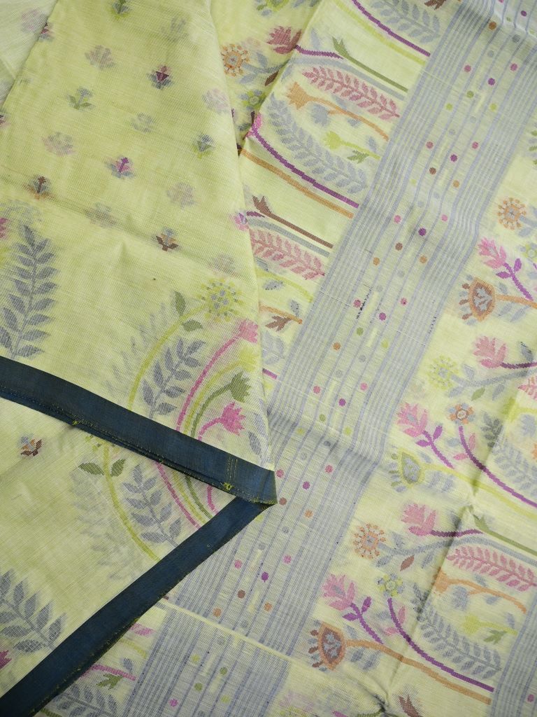 Bengali cotton saree pista green color allover weaves & small kaddi border with weaving pallu