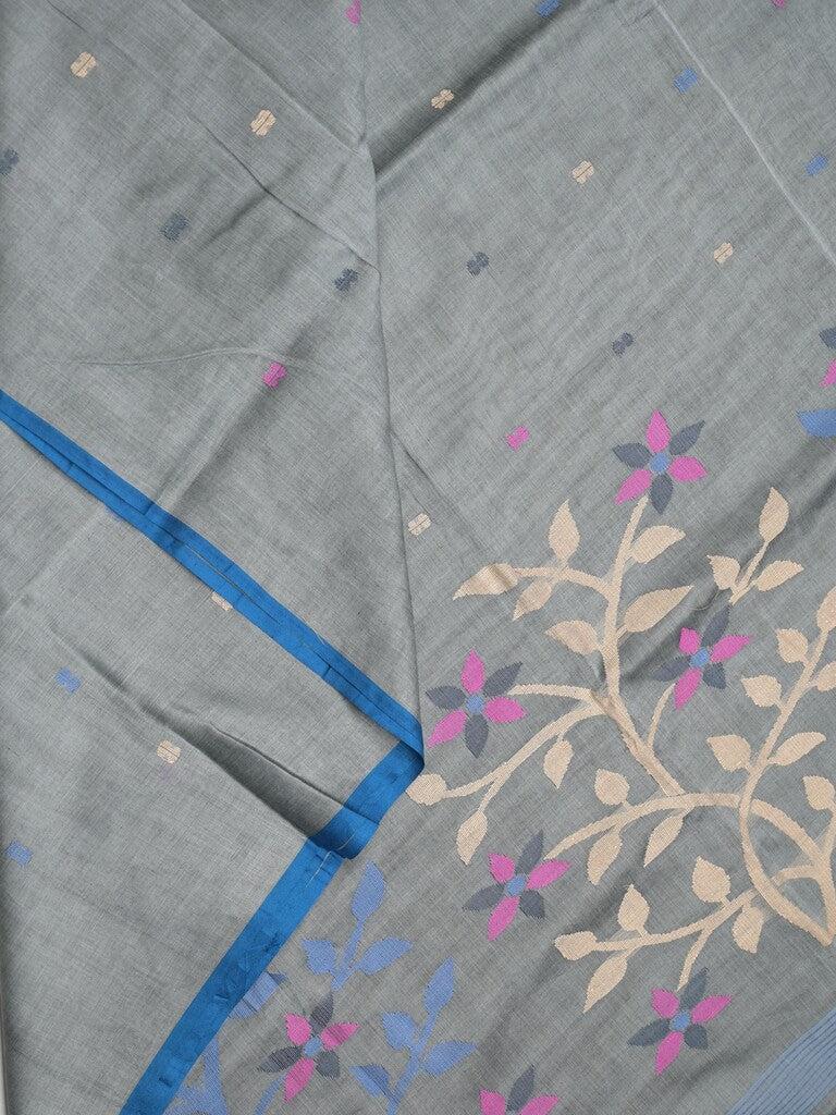 Khadhi cotton saree grey color allover butis & small kaddi border with weaving pallu and plain blouse