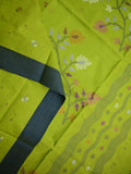 Bengali cotton saree parrot green color allover motifs & small kaddi border with weaving pallu