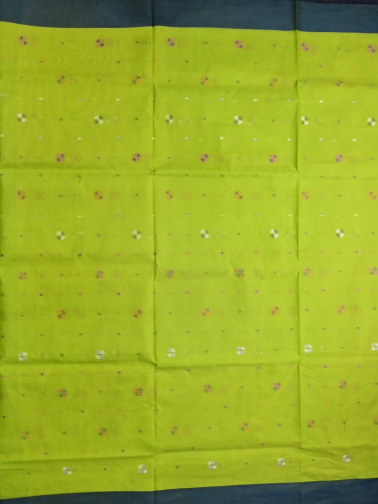 Bengali cotton saree parrot green color allover motifs & small kaddi border with weaving pallu