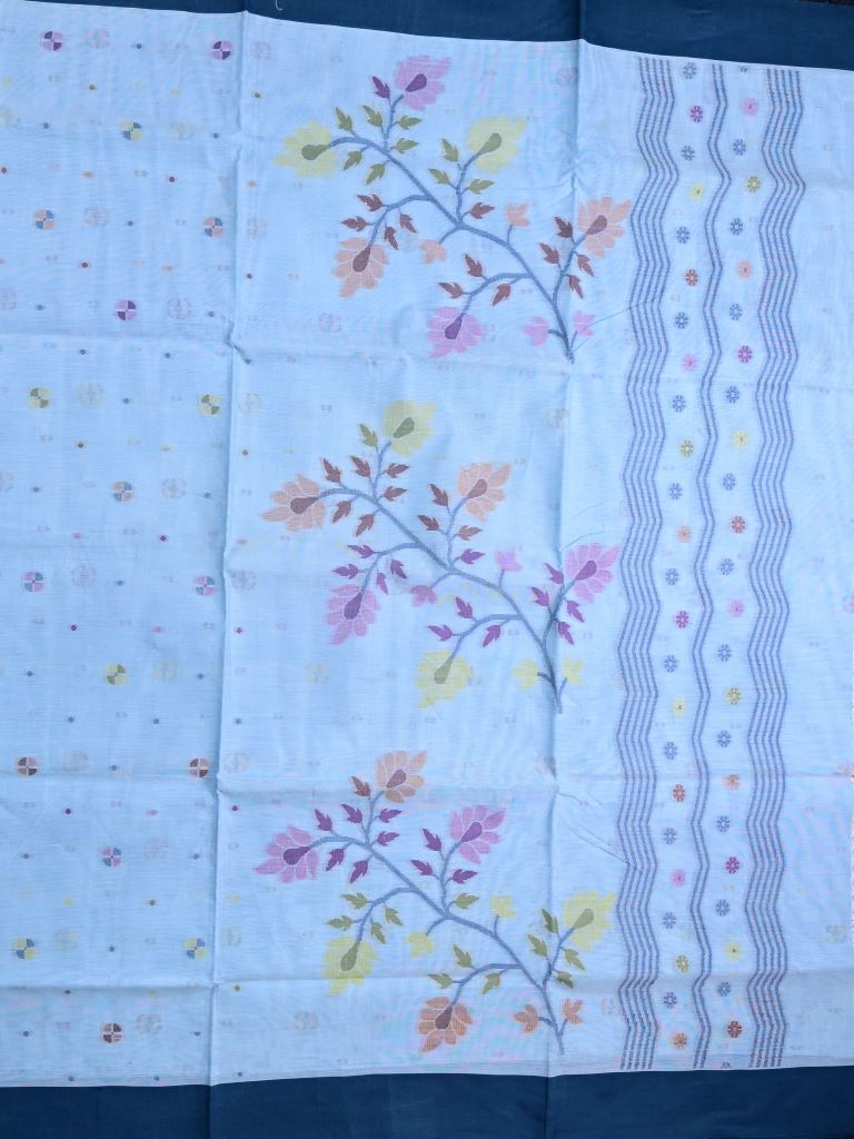 Bengali cotton saree light blue color allover motifs & small kaddi border with weaving pallu