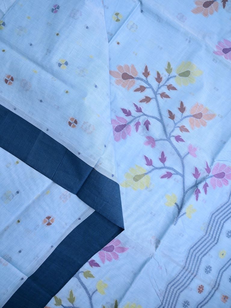 Bengali cotton saree light blue color allover motifs & small kaddi border with weaving pallu