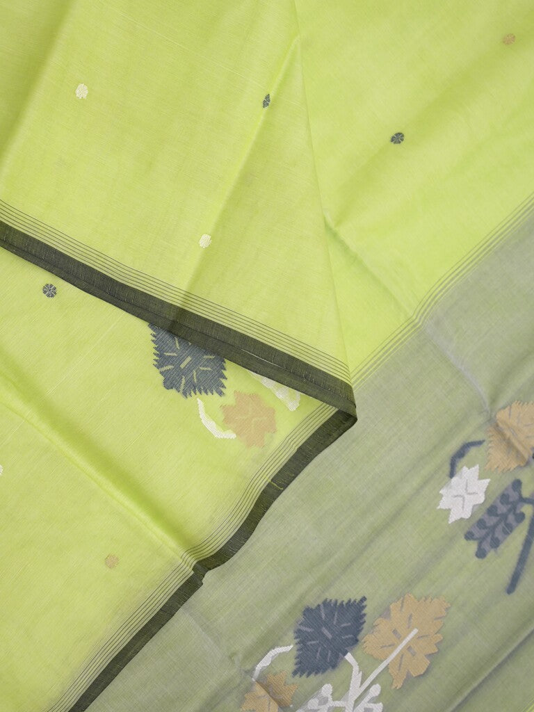 Khadhi cotton saree light green color allover butis & small kaddi border with weaving pallu and plain blouse