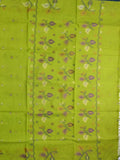 Bengali cotton saree parrot green color allover motifs & small kaddi border with weaving pallu