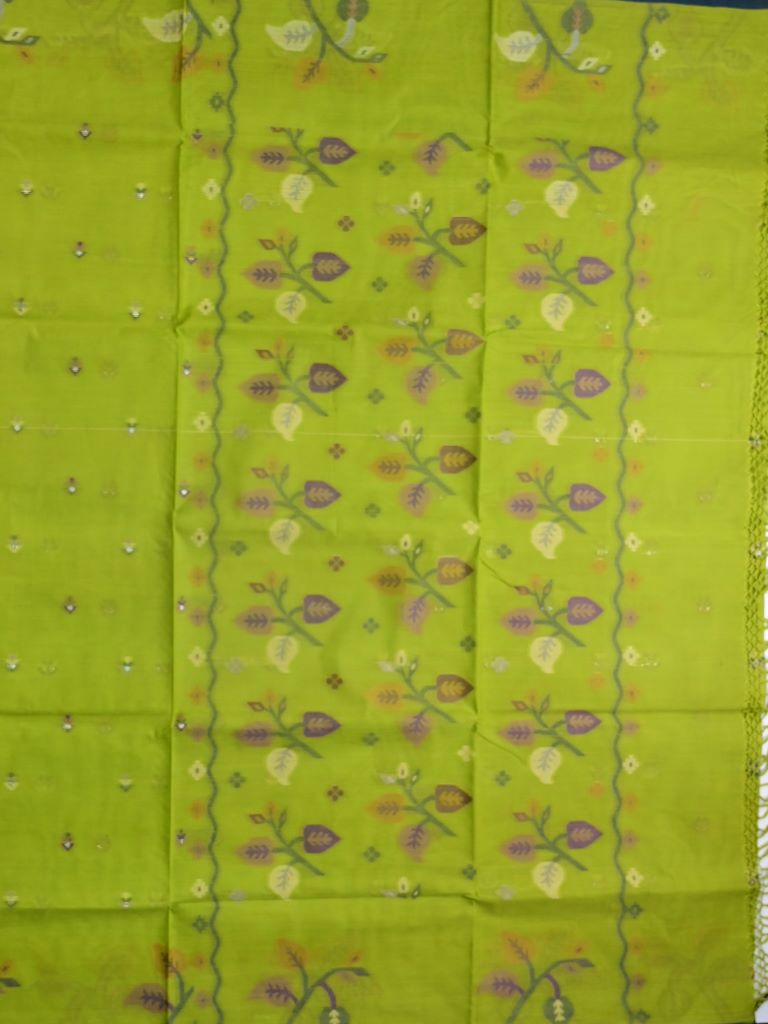 Bengali cotton saree parrot green color allover motifs & small kaddi border with weaving pallu