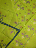 Bengali cotton saree parrot green color allover motifs & small kaddi border with weaving pallu