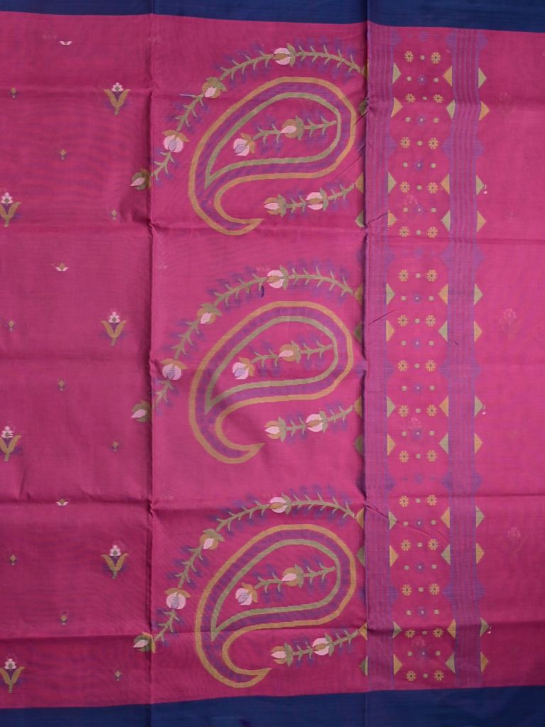 Bengali cotton saree magenta color allover motifs & small kaddi border with weaving pallu