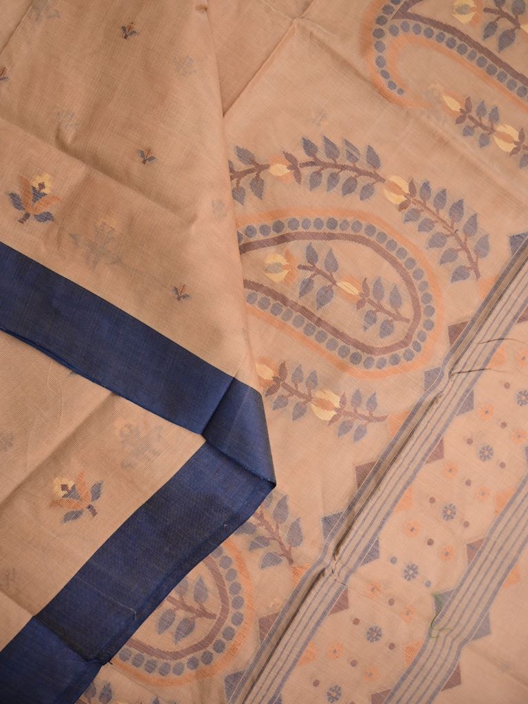 Bengali cotton saree beige color allover motifs & small kaddi border with weaving pallu