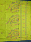 Bengali cotton saree parrot green color allover motifs & small kaddi border with weaving pallu