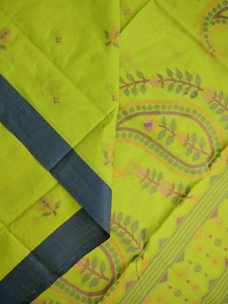 Bengali cotton saree parrot green color allover motifs & small kaddi border with weaving pallu