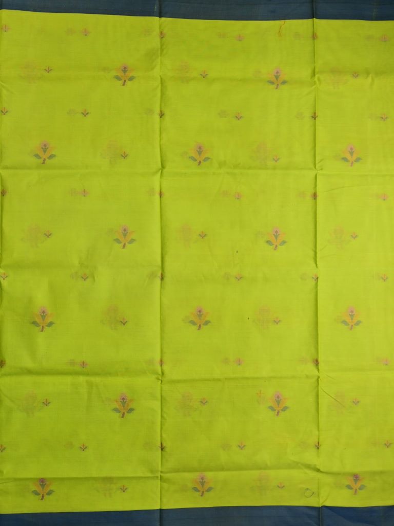 Bengali cotton saree parrot green color allover motifs & small kaddi border with weaving pallu