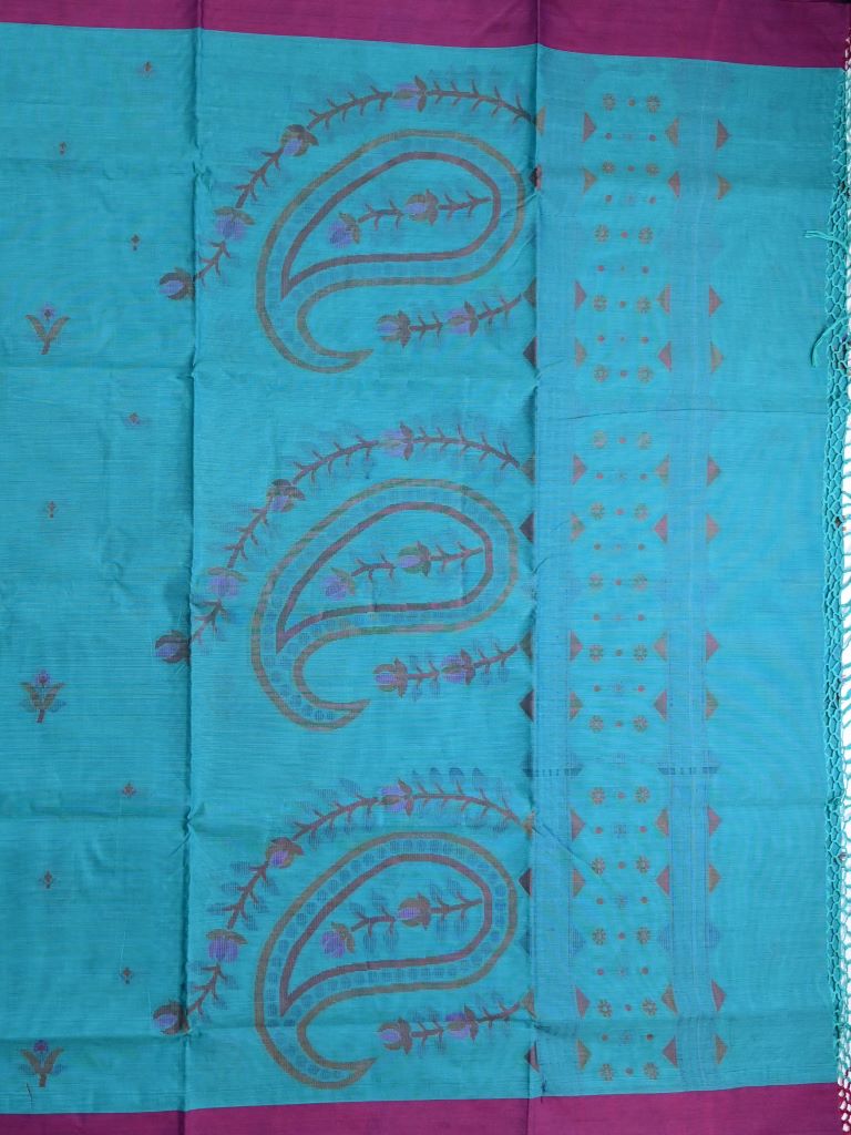 Bengali cotton saree sky blue color allover motifs & small kaddi border with weaving pallu