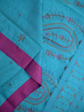 Bengali cotton saree sky blue color allover motifs & small kaddi border with weaving pallu