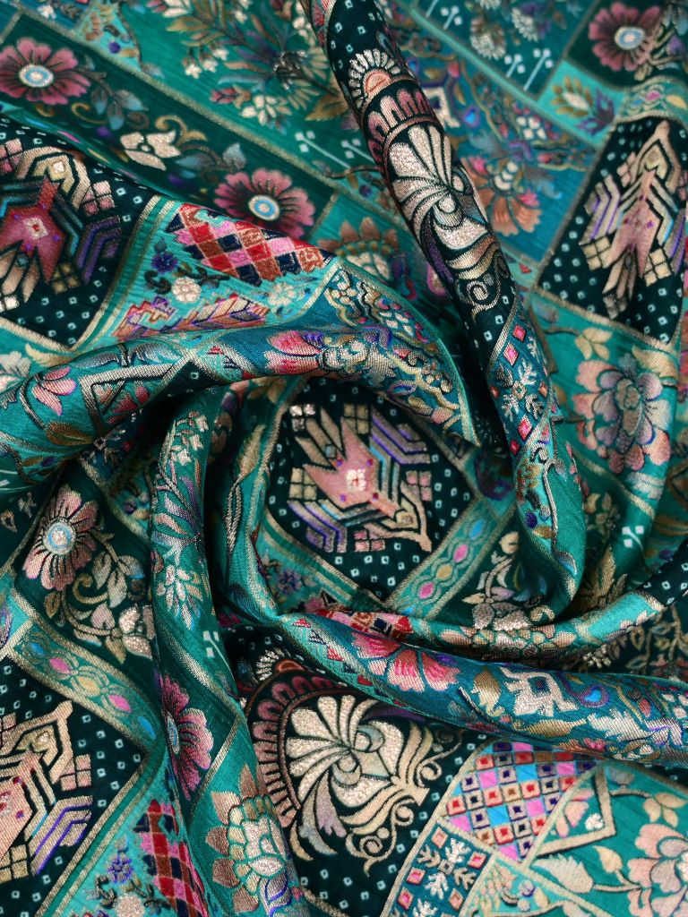 Dola silk fabric peacock green color with allover digital prints