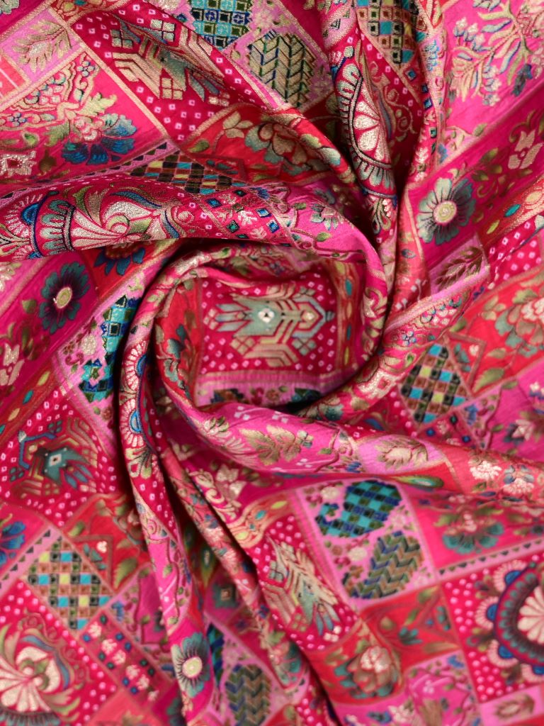 Dola silk fabric pink color with allover zari weaves