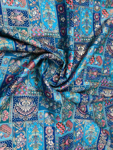 Dola silk fabric blue color with allover zari weaves